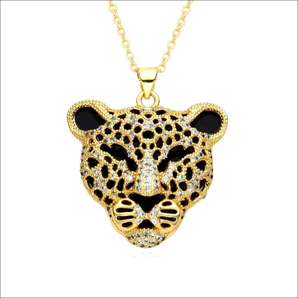 Crystal Leopard Head Pendant Necklace Punk Style Adjustable Chain